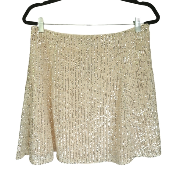 LOFT Sequin Mini Skirt Beige Silver Lined Flowy Party Holiday Glam Sz 6 NWT - Picture 2 of 10